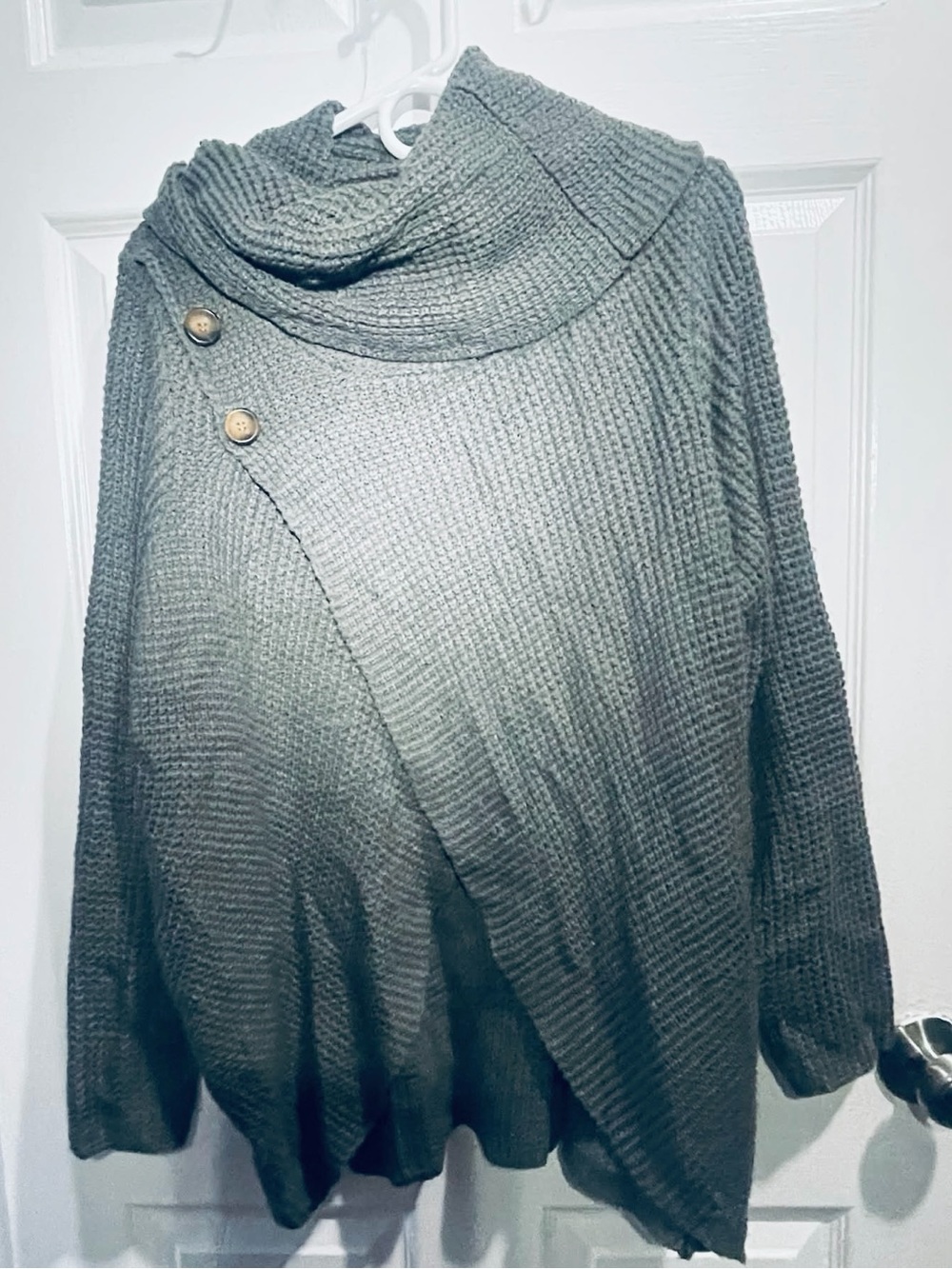 Waffle-Knit Asymmetrical Cowl Neck Sweater - Gray